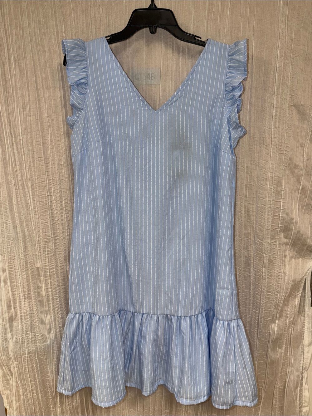COCOMO M Blue White Pin Stripe Flutter Sleeve V-Neck Back Tie Ruffle Hem Dress